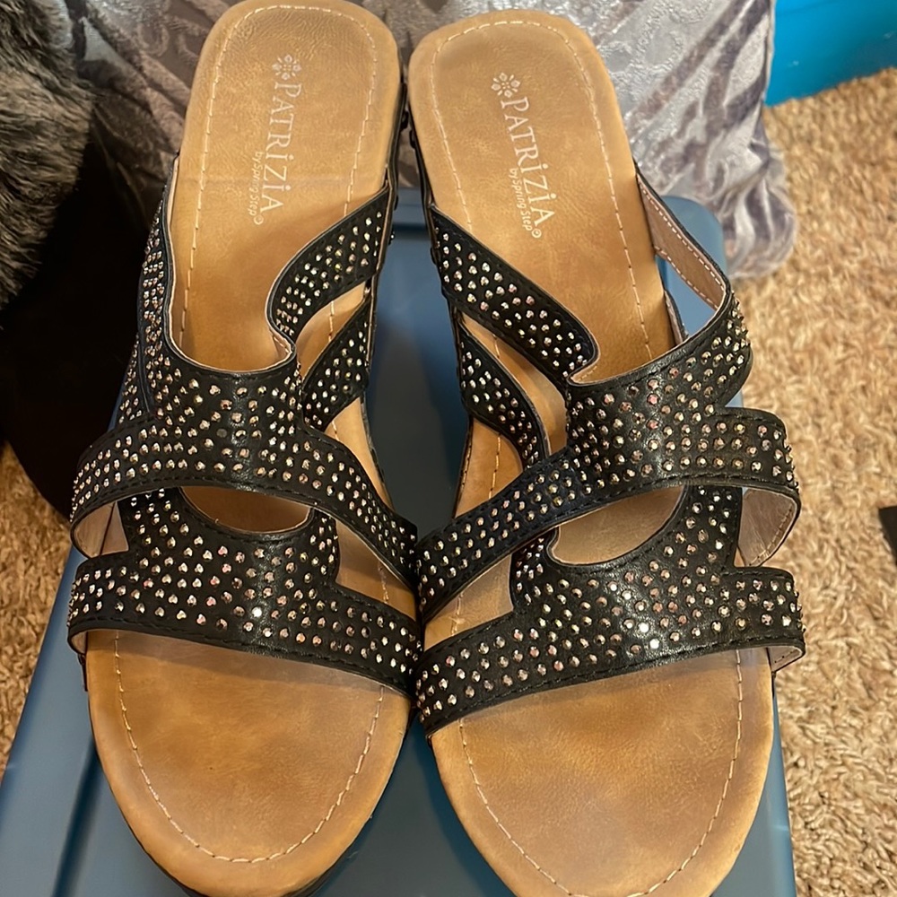 Patrizia spring step, black and silver wedge sandal size 8.5